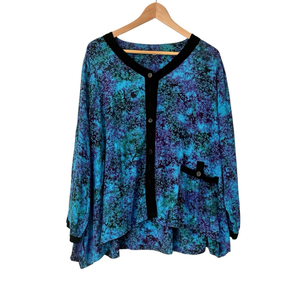 Blue Sky Artistic Pattern Art To Wear Fair Trade Pocket Blouse Button Top Medium